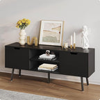 ALINE FURNITURE Black TV Stand for 50 55 60+ inch TVs - Media Console with 2 Cabinets & Open Shelves, Solid Wood Legs - TV Consoles for Living Room - 22" H Entertainment Center for Bedroom