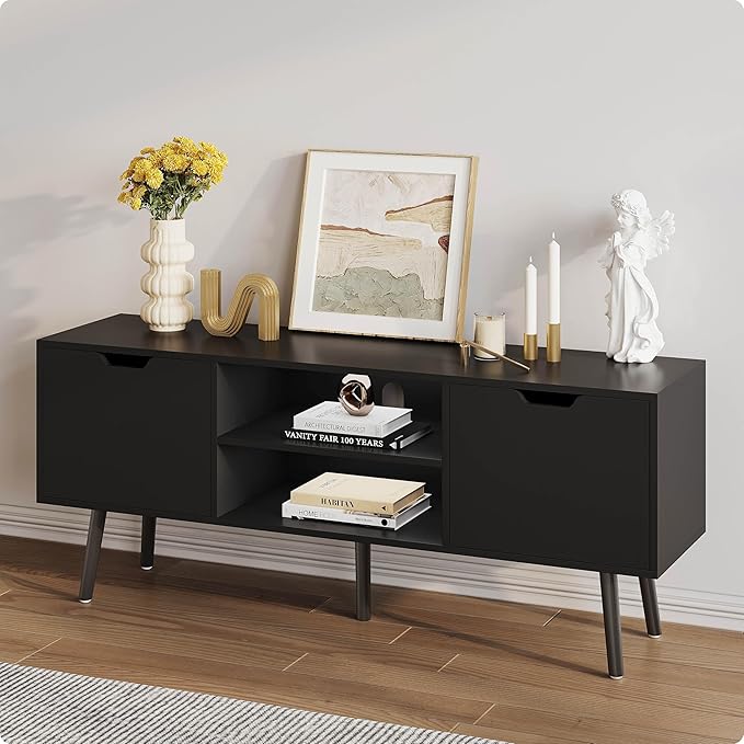 ALINE FURNITURE Black TV Stand for 50 55 60+ inch TVs - Media Console with 2 Cabinets & Open Shelves, Solid Wood Legs - TV Consoles for Living Room - 22" H Entertainment Center for Bedroom