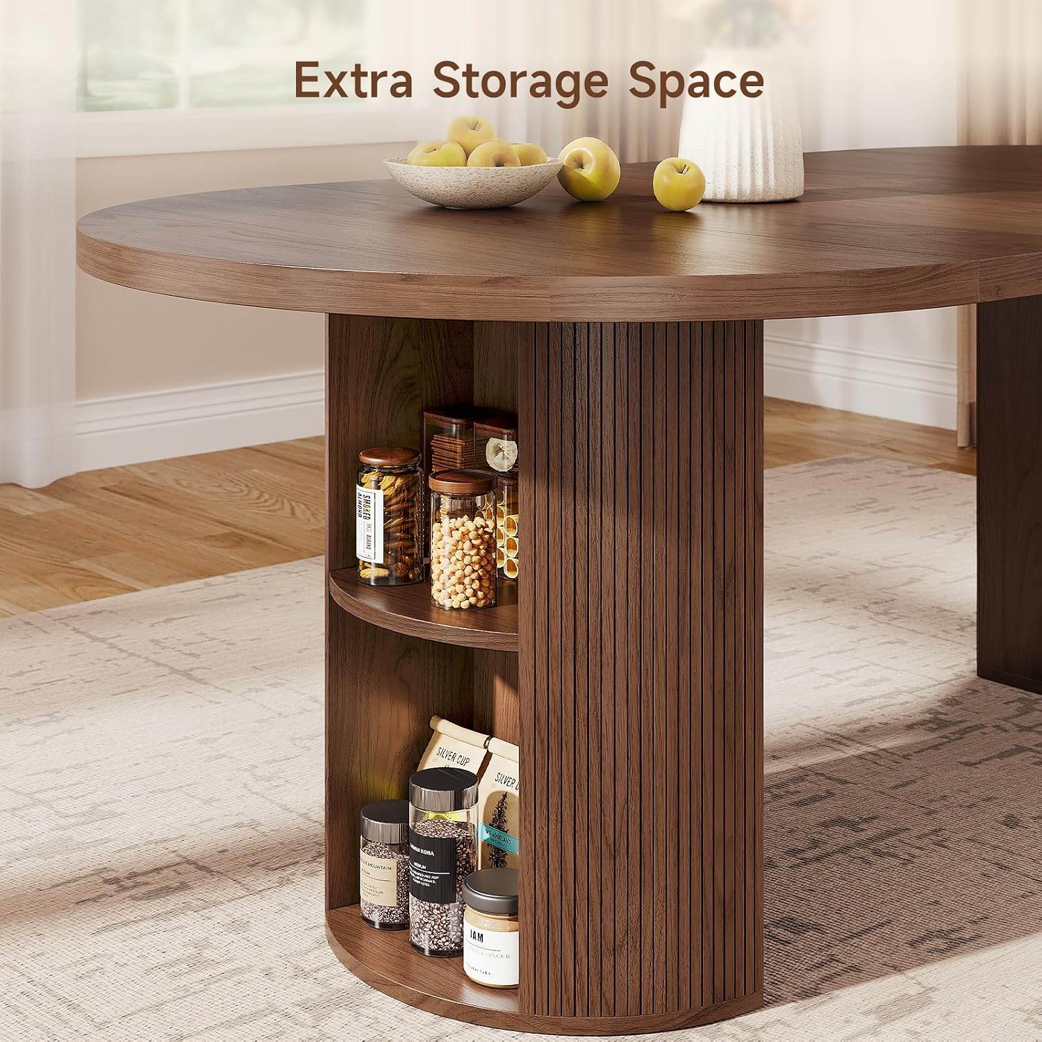 ONBRILL 41-78 Inch Extendable Dining Table for 4-8, Fluted Expandable Kitchen Table with Storage, 2 Leaf, Mid Century Modern Oval Dinner Tables for Dining Room, Kitchen, Living Room, Walnut