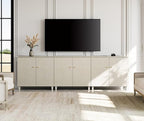 WAMPAT TV Stand Cabinets for 85+ Inches TVs, 3-in-1 Wood Entertainment Center with Doors and 9 Compartments, 106" Modern Media Console Table with Storage for Living Room Bedroom, Beige Faux Linen