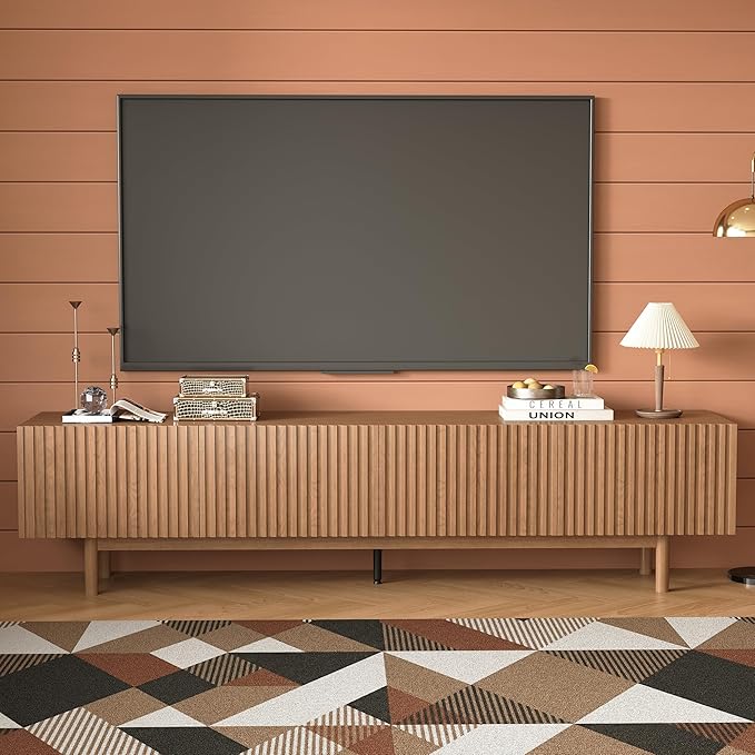 86.61" Mid-Century Modern TV Stand for TVs up to 85", Walnut Entertainment Console with Solid Wood Legs and Large Storage, Sturdy Media Cabinet for Living Room & Bedroom