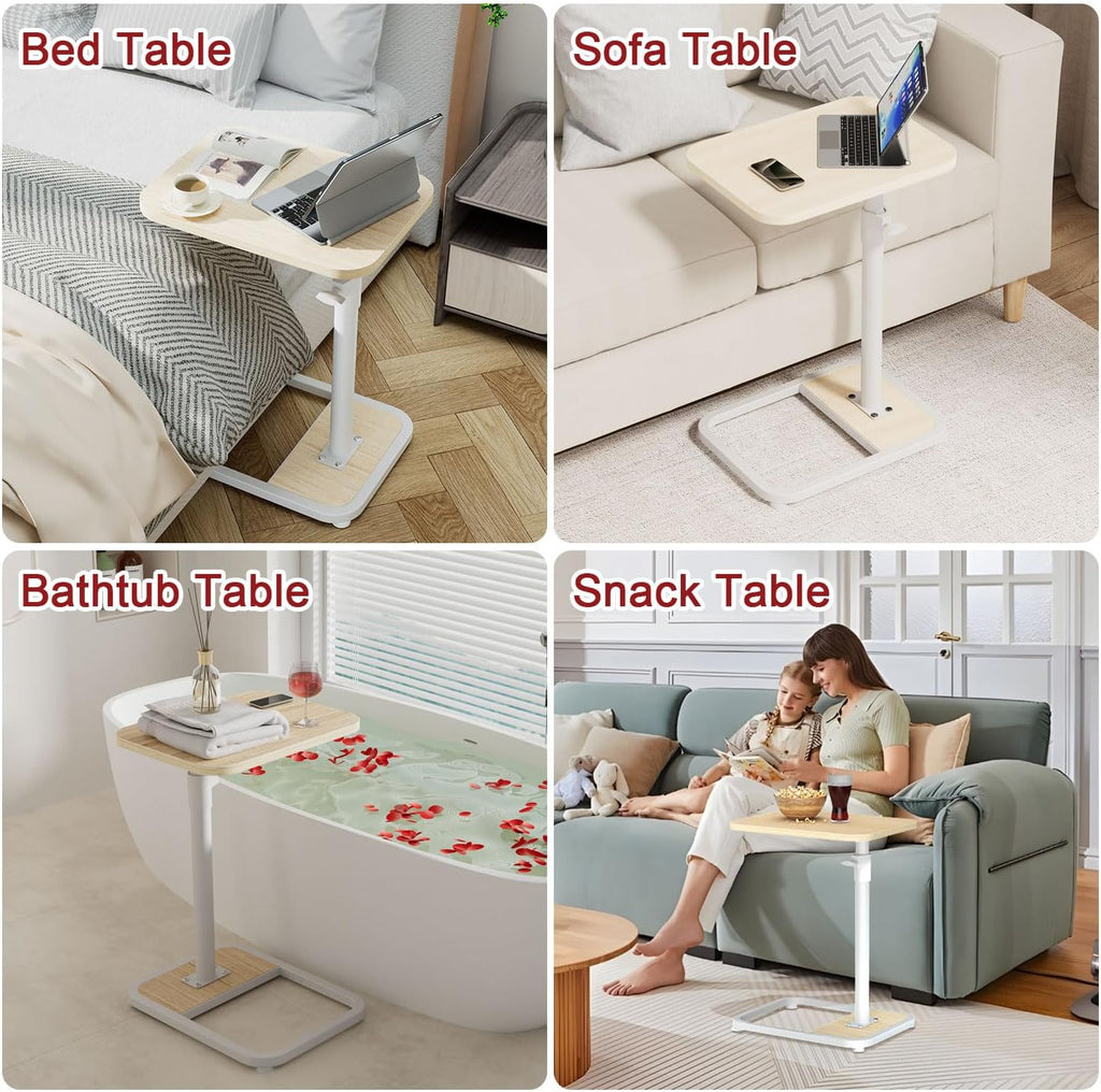 GOYLSER C Shaped End Table for Couch, Height Adjustable Rotatable Couch Tray Tables Sofa Table Tv Trays for Bedroom, Natural Wooden Swivel Side Table for Small Spaces