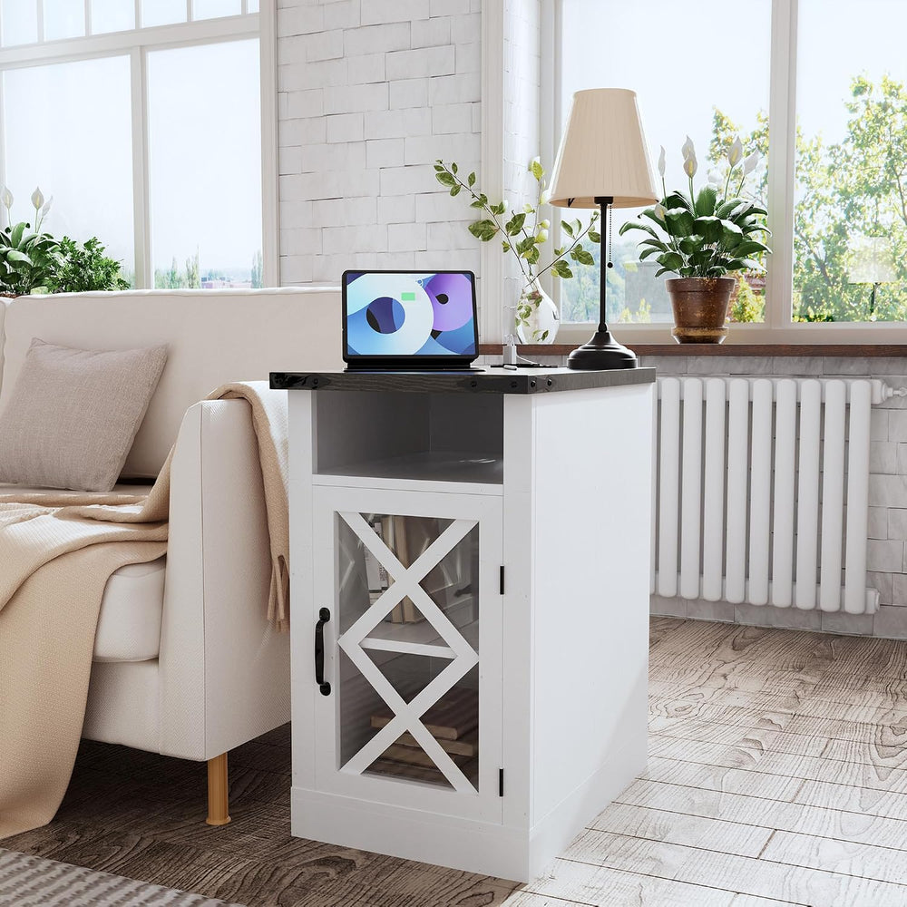 Clihome End Table with Charging Station, 15.4'' Rustic Nightstand wit...