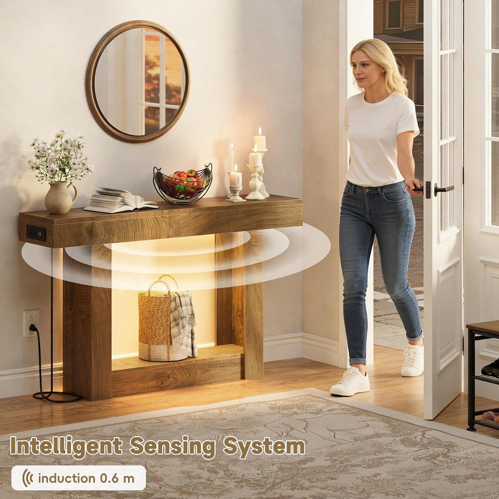 47.2" Entryway Table with Outlet, 2-Tier Console Table with Sensor Light...