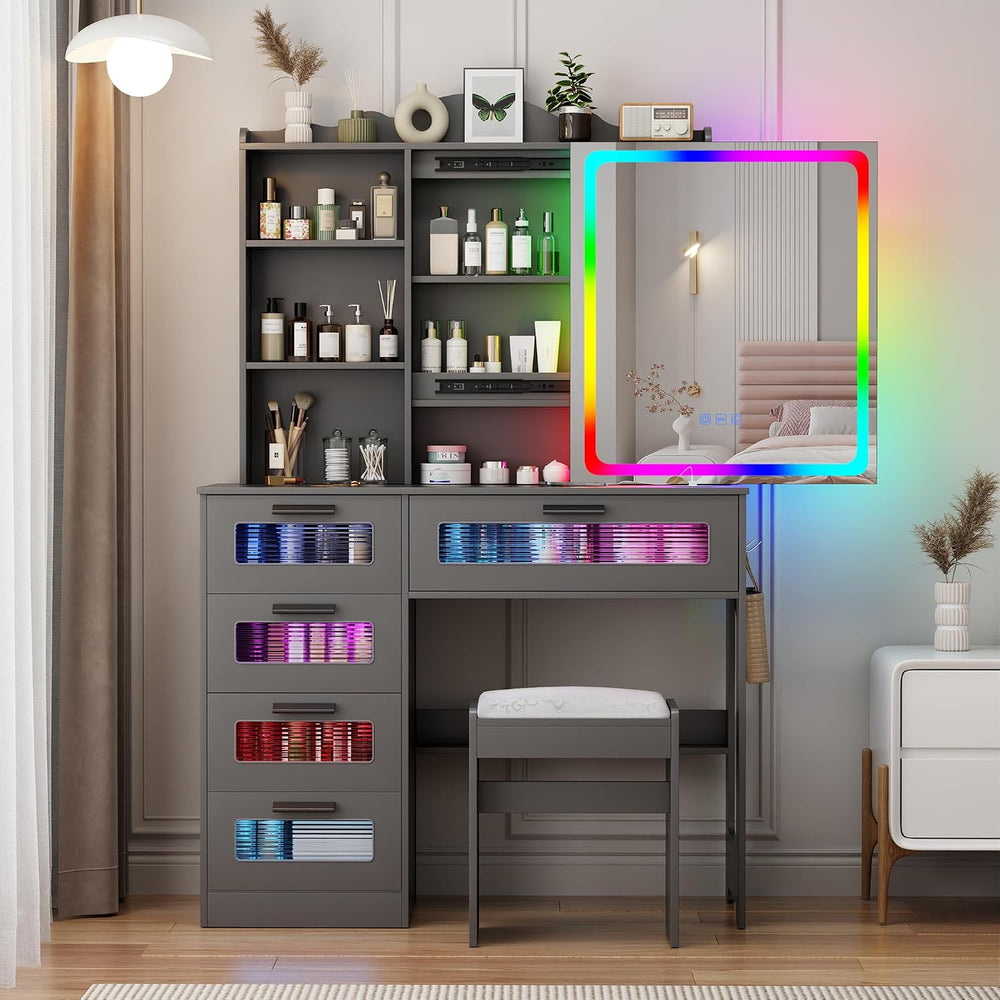Gurexl RGB Vanity Desk with Sliding Mirror and Lights,Glass Top Makeup Vanity...