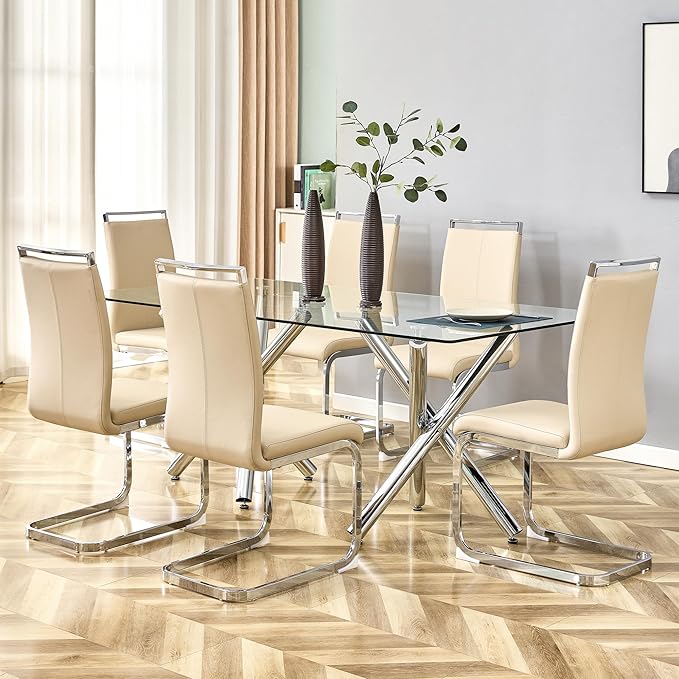 AZmac Modern Leather Dining Chairs Set of 8,Armless Kitchen Chairs,Dining Room Chairs with Upholstered Padded Seat and Sturdy Chrome Legs for Dining Room,Kitchen (Set of 8, Beige)