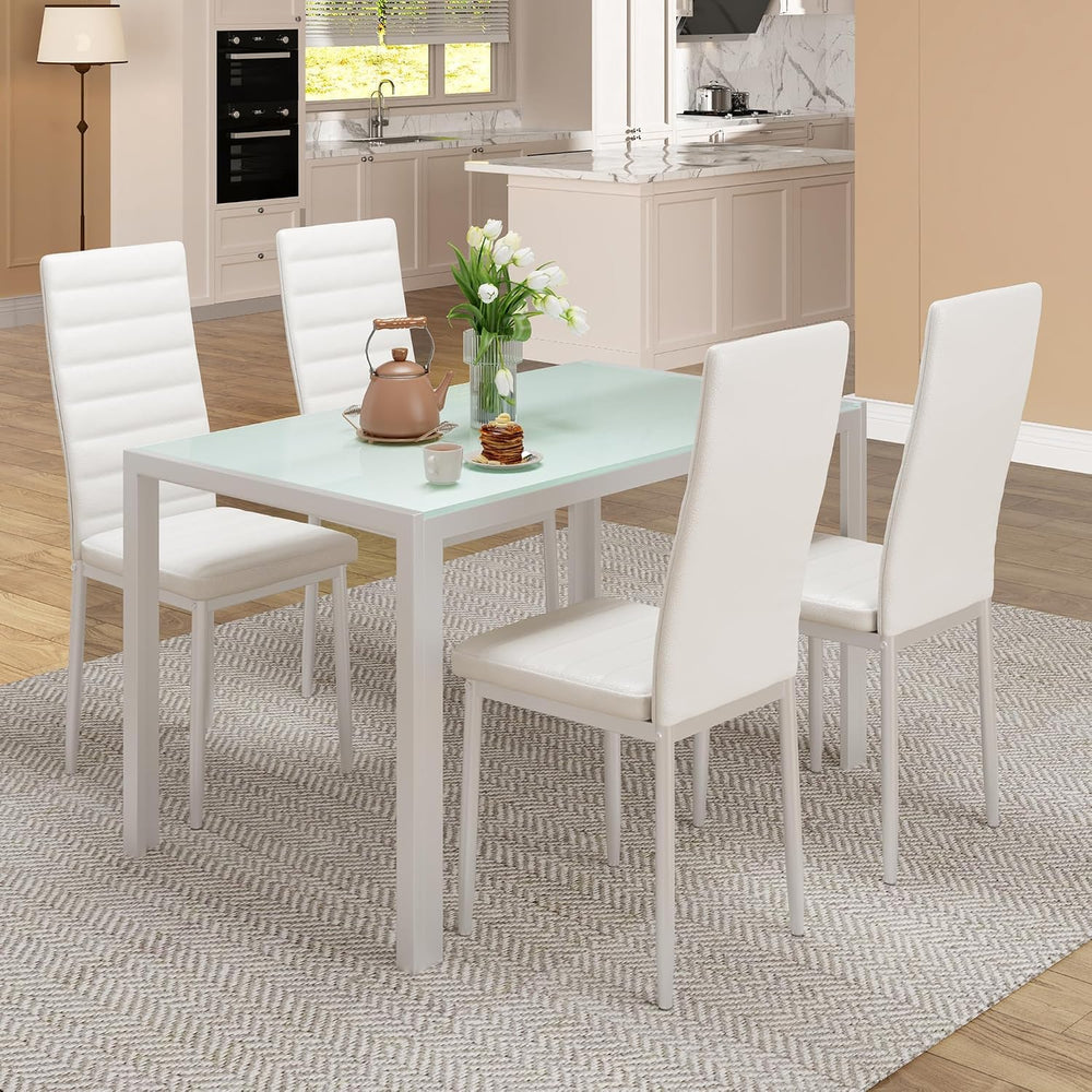 Bealife Kitchen Dining Table Set for 4, Tempered Glass 5 Piece - White