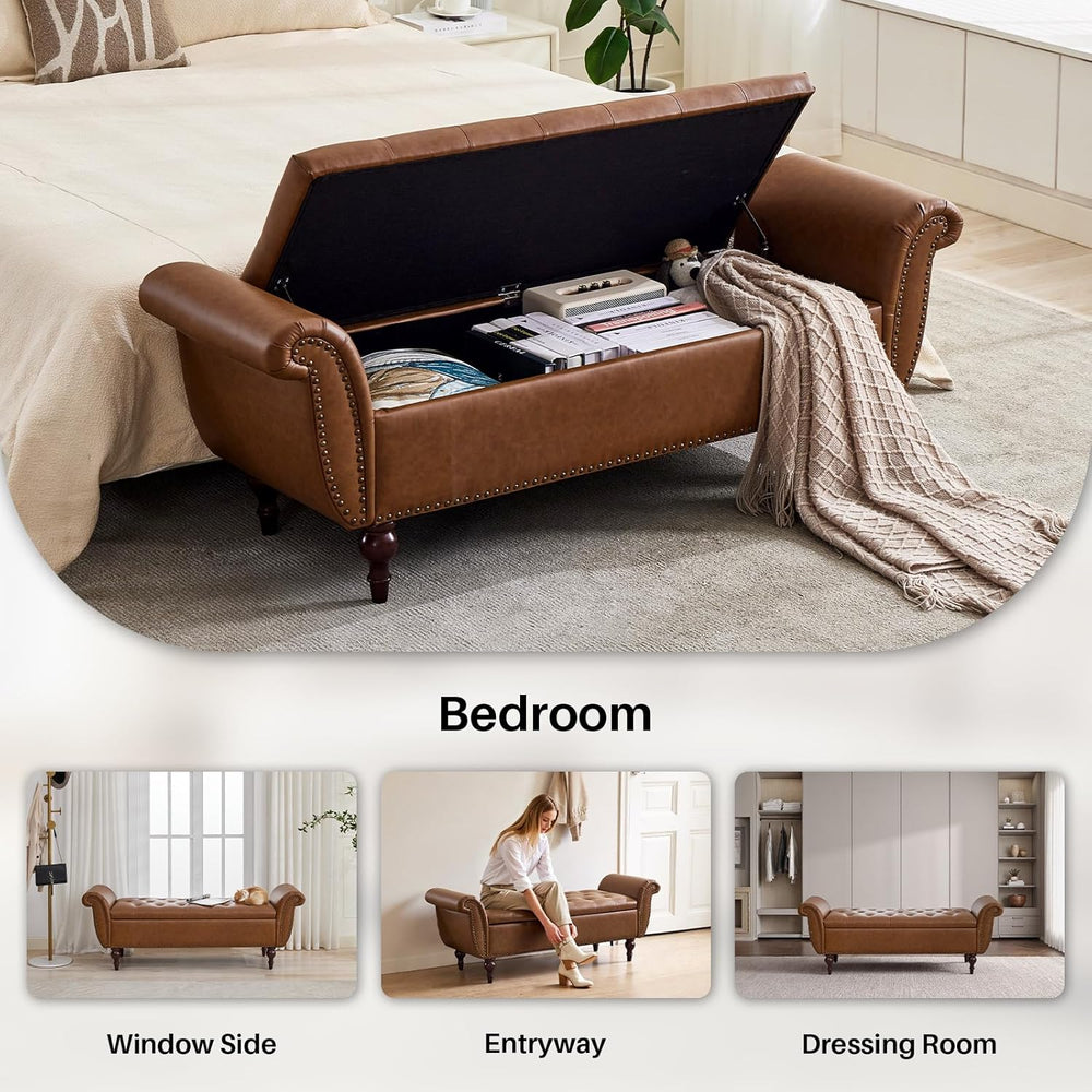 63.78" Inch Storage Bench for Bedroom Faux Leather End of Bed Bench with...