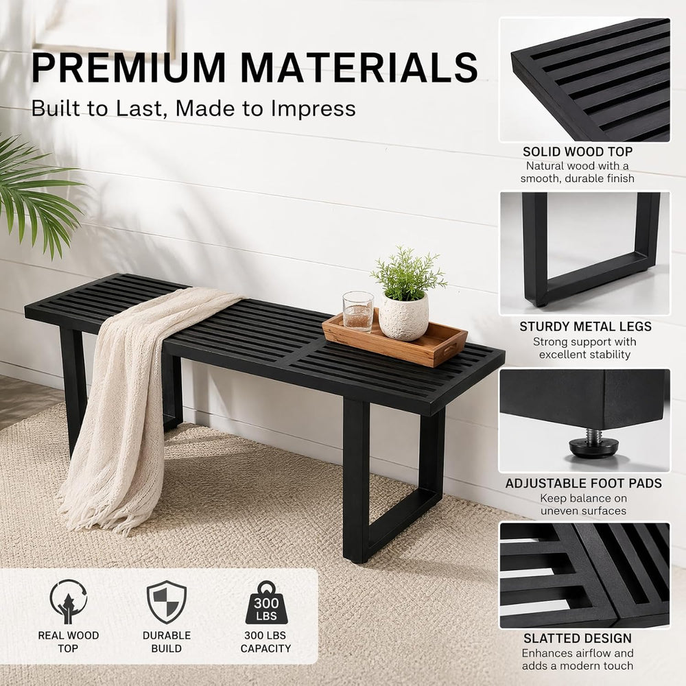 HNY Modern Entryway Bench Black Wood Minimalist Nelson Bench with Metal Legs ...