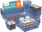 16 PCS Drawer Organizer Set, 5 Varied Size Bathroom and kitchen Drawer cabinet organizer Trays, Clear Storage Bins for Makeup, Jewelry, Utensils and Gadgets,Dark Blue