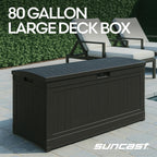 Suncast 80-Gal. Waterproof Resin Large Outdoor Patio Deck Box with Pad-Lockable Lid, Modern Outdoor Patio Bench/Storage Box for Cushions, Garden Tools, and More, Iron Ore