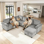 108″ Sectional Sleeper Sofa with Pull Out Bed, Modular Sectional Couch with Storage, L Shpaed 7-Seats Chenille Cloud Couch, Modular Sofa Bed for Living Room, Apartment, Office (Light Gray, 7 Seats)