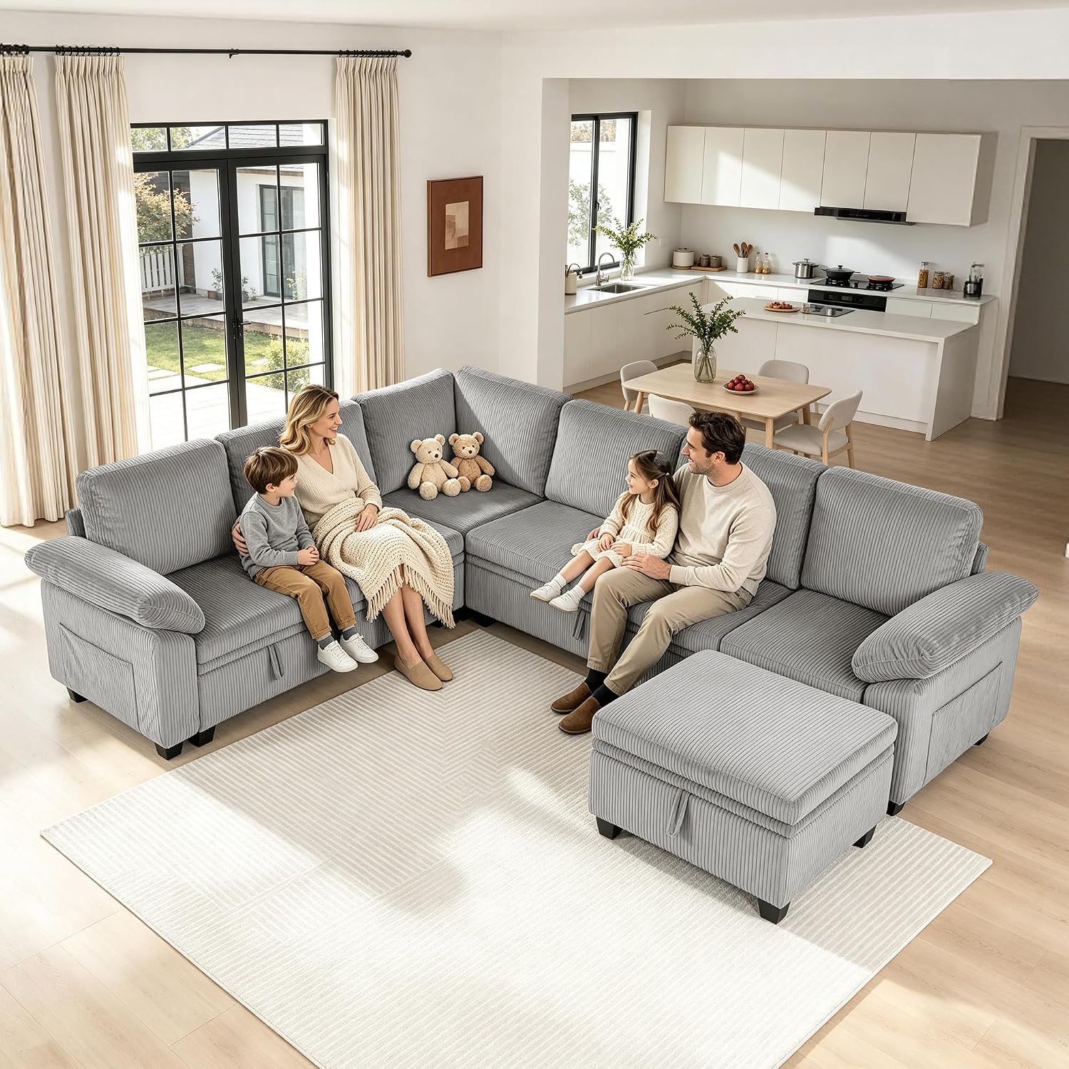 108″ Sectional Sleeper Sofa with Pull Out Bed, Modular Sectional Couch with Storage, L Shpaed 7-Seats Chenille Cloud Couch, Modular Sofa Bed for Living Room, Apartment, Office (Light Gray, 7 Seats)