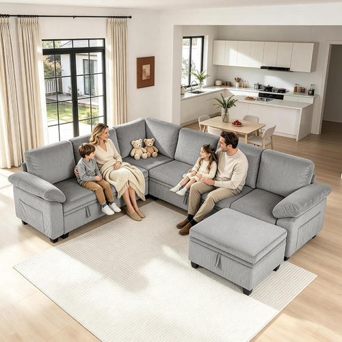 108″ Sectional Sleeper Sofa with Pull Out Bed, Modular Sectional Couch with Storage, L Shpaed 7-Seats Chenille Cloud Couch, Modular Sofa Bed for Living Room, Apartment, Office (Light Gray, 7 Seats)