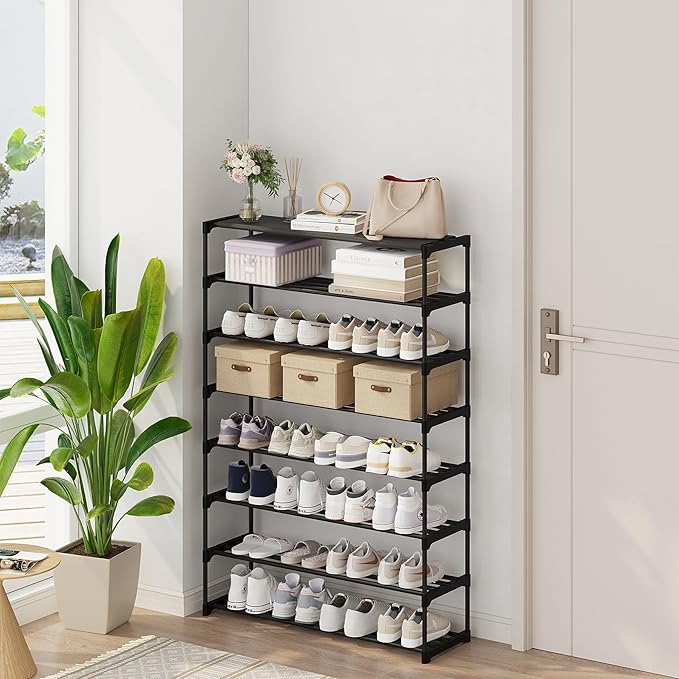 Calmootey 8-Tier Shoe Rack, Tall Large Capacity 40 Pairs Shoes Storage Organizer, Stackable Wide Shoe Shelf for Entryway, Hallway, Black