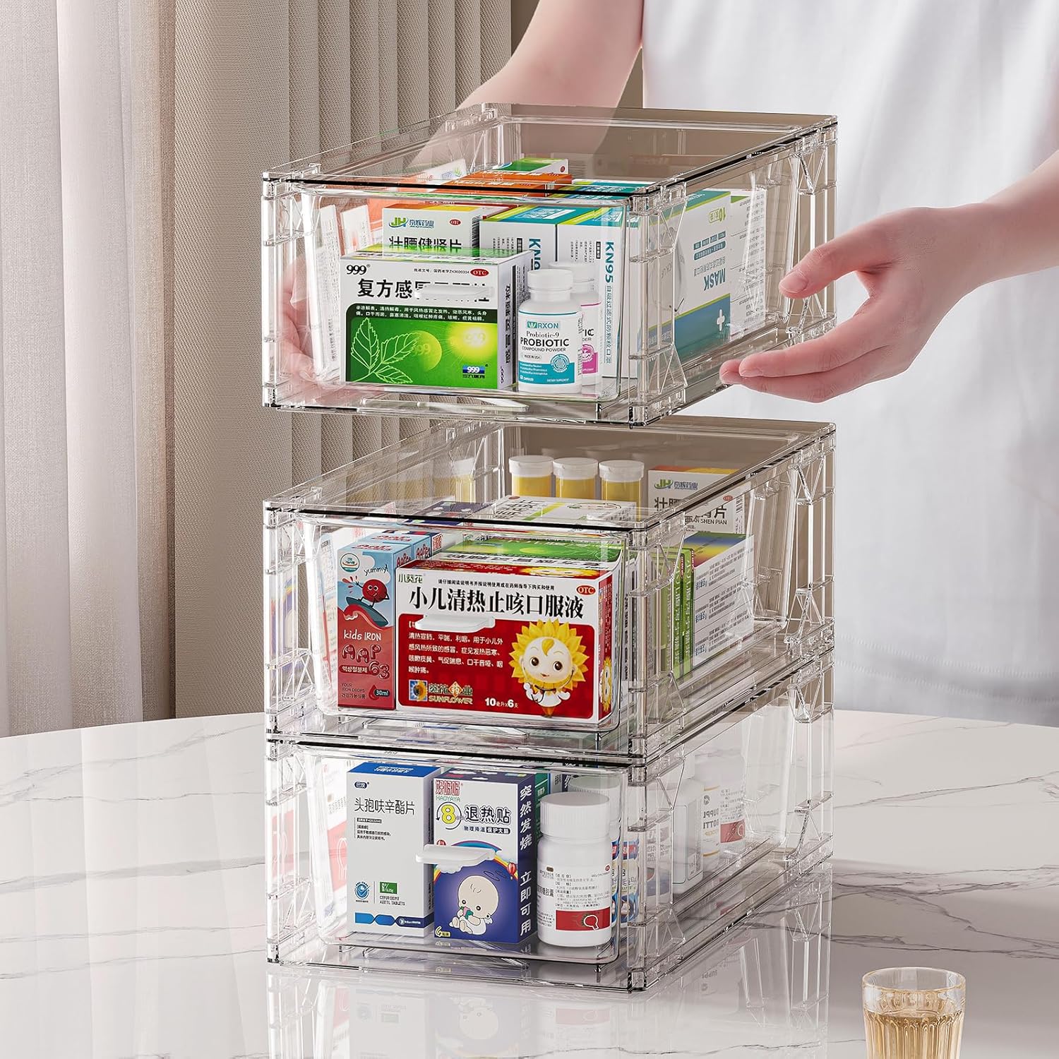 clear Drawer-Type Plastic Storage Box Bins Organizer，Family First Aid Kits Medicine cabinet Box Organizer,Closet ，Shelf，Ointments, Adhesive Bandages，Cosmetics,Office Items (clear, ZZ4L)