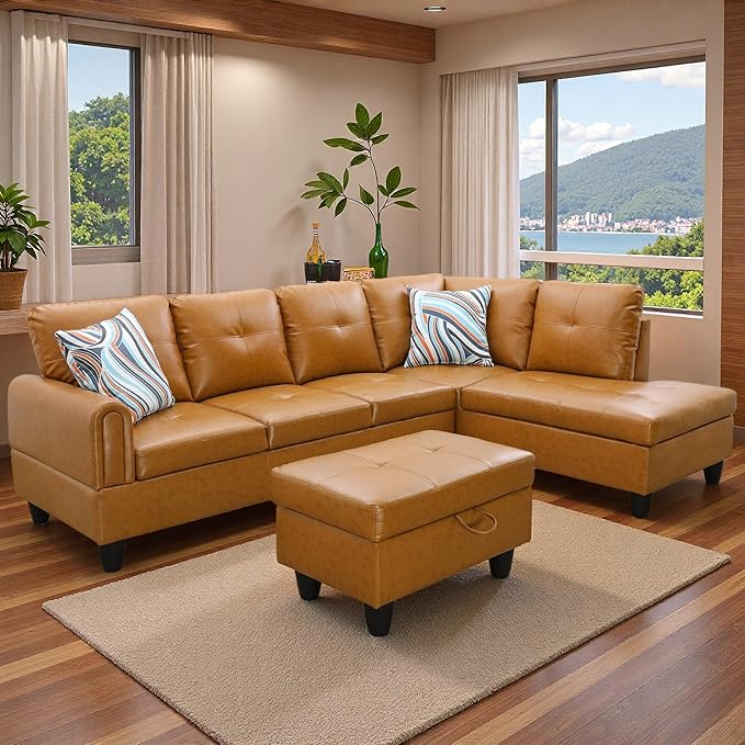Sectional Couches for Living Room with Movable Chaise & Storage Ottoman - 97.5" Leather L Shaped Couches for Living Room Apartment, 4 Seat Home Furniture Modular Sectional Sofas, Orange