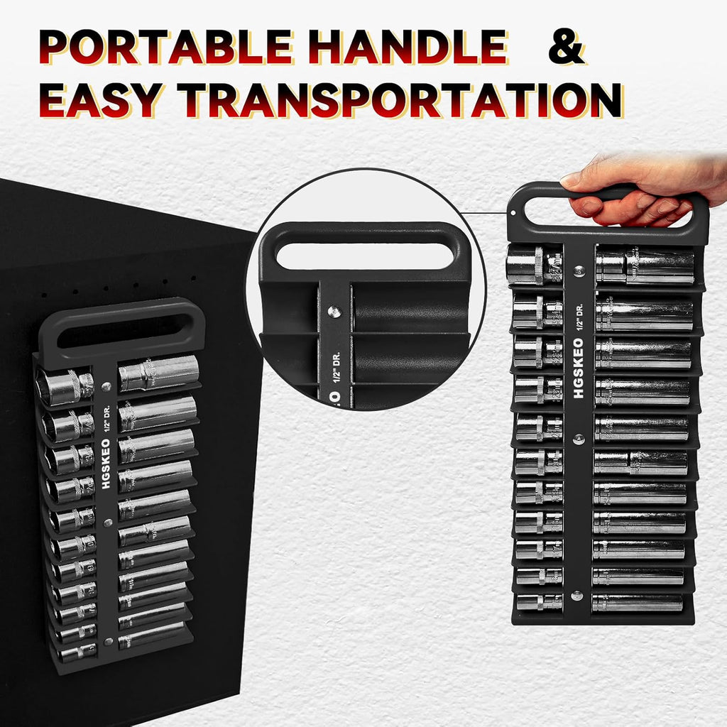 Magnetic Socket Holder Set with Handle, Portable Socket Organizer, Heavy Duty Socket Racks (Black, 1/2" Drive)