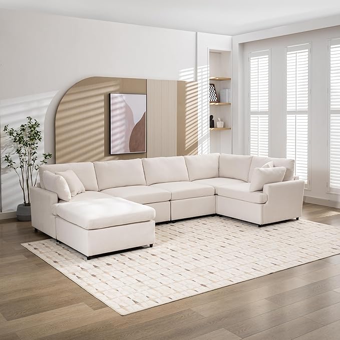 Merax 6-Seater Modern Large U-Shape Sectional Sofa, with Removable Ottomans for Living Room,Beige