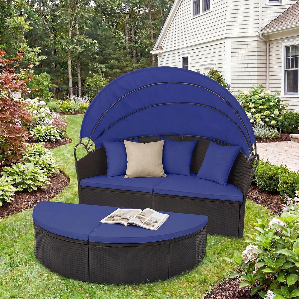 RELAX4LIFE Round Outdoor Daybed with Canopy - Wicker Sectional Sofa Sunbed w/...