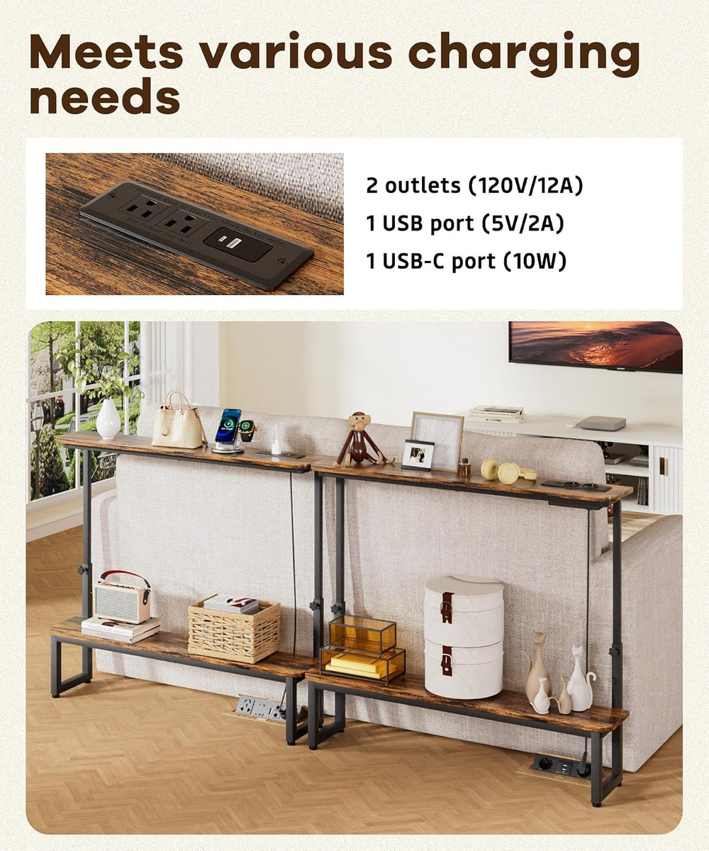 Homde 2-Tier Narrow Console Table: 39.4" Industrial Design with Outlets ...