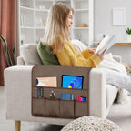 TV Remote Control Holder Couch Caddy, Non-slip Bedside Caddy Organizer with 5 Pockets for Key Glasses Phone Magazine Holders (Brown, 35''x18'')