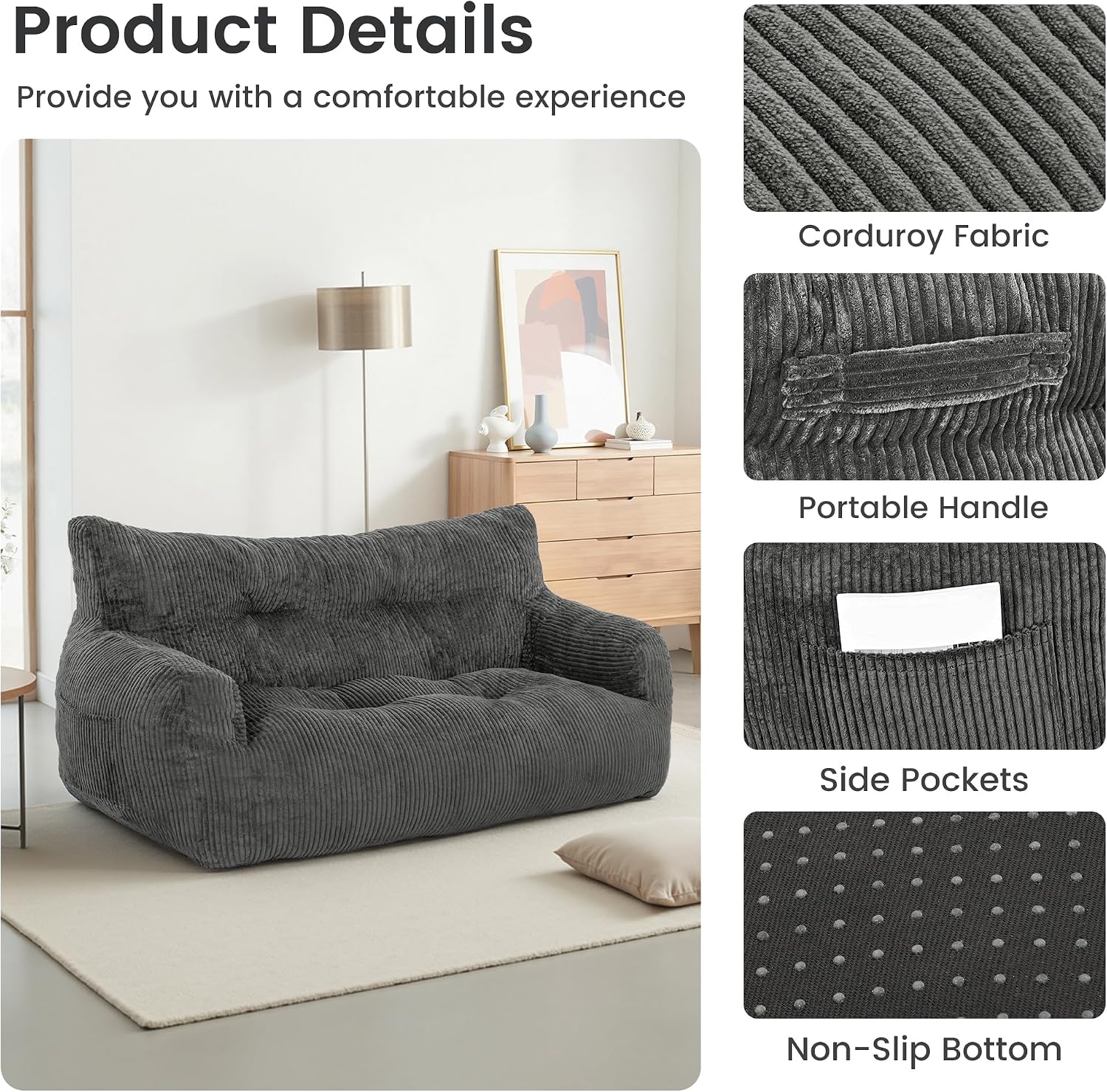 Pamapic 59 Inch 2-Seater Corduroy Bean Bag Chair,Loveseat Sofa with Ultra Soft Fluffy Cover, 72H High Resilience Foam Sofa Bed for Adults, Suitable for Living Room, Bedroom,Grey