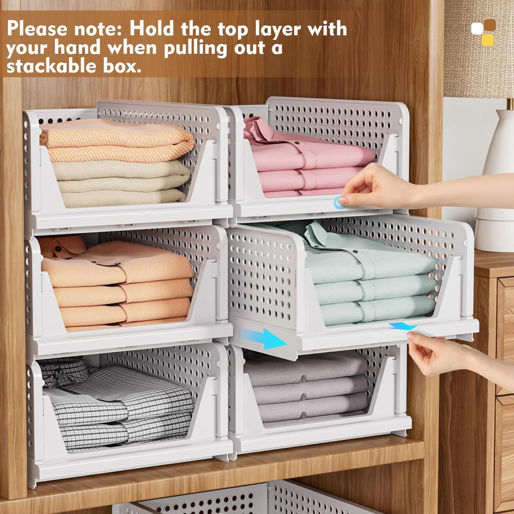 SNSLXH 8 Pack Stackable Closet Storage Bins, Multifunctional & Foldable Closet Organizers and Storage for Bathroom Kitchen Laundry Room Drawer Shelf Storage, Space-Saving Wardrobe Organizer, White