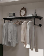 Clothes Rack 42in, Wall Mounted Garment Racks with Real Black Wood Shelf, Heavy Duty Hanging Clothes Rack, Multi-Purpose Hanging Rod, Space-Saving Closet Storage