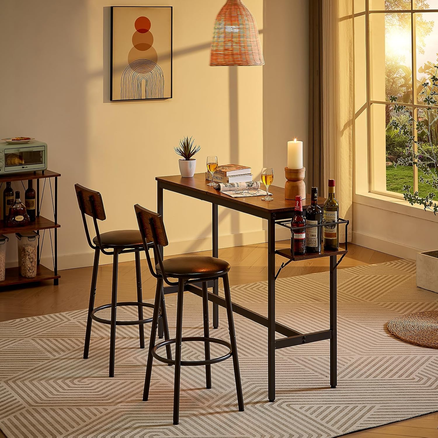 Bar Table Set with Wine Bottle Storage Rack. Rustic Brown,47.24'' L x 15.75'' W x 35.43'' H, One Size