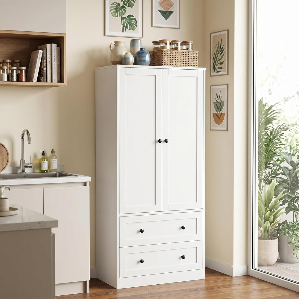 DIYART 64.2" Tall White Kitchen Pantry, Storage Cabinet with Doors and D...