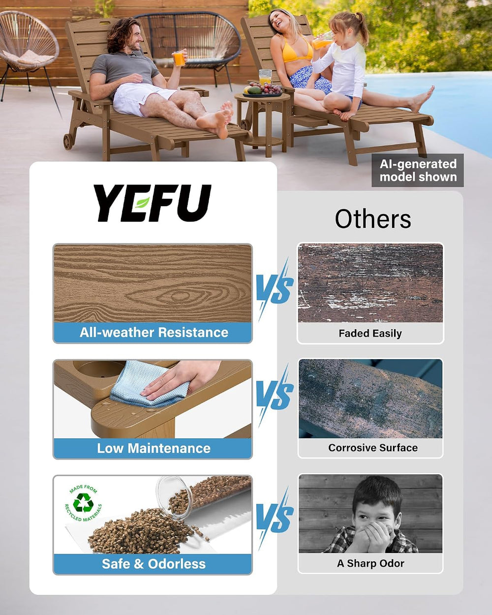 YEFU Chaise Lounge Chairs Set of 2 Outdoor,Pool Lounge Chair with Adjustable ...