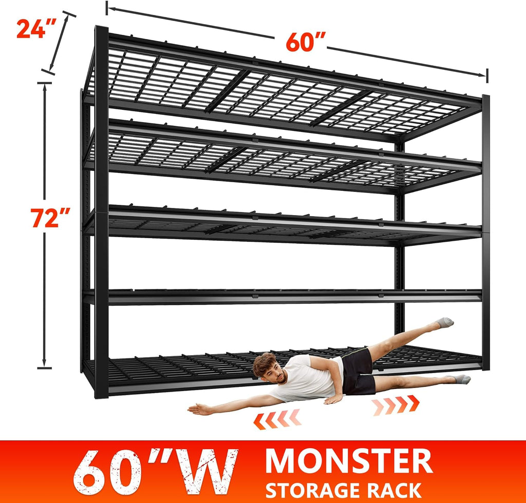 REIBII 60" W Garage Shelving Heavy Duty Metal Shelving 3000LBS Storage Shelves Adjustable Metal Shelves for Storage Industrial 5 Tier Garage Shelves for Warehouse Basement Pantry 60"W x 24"D x 72"H