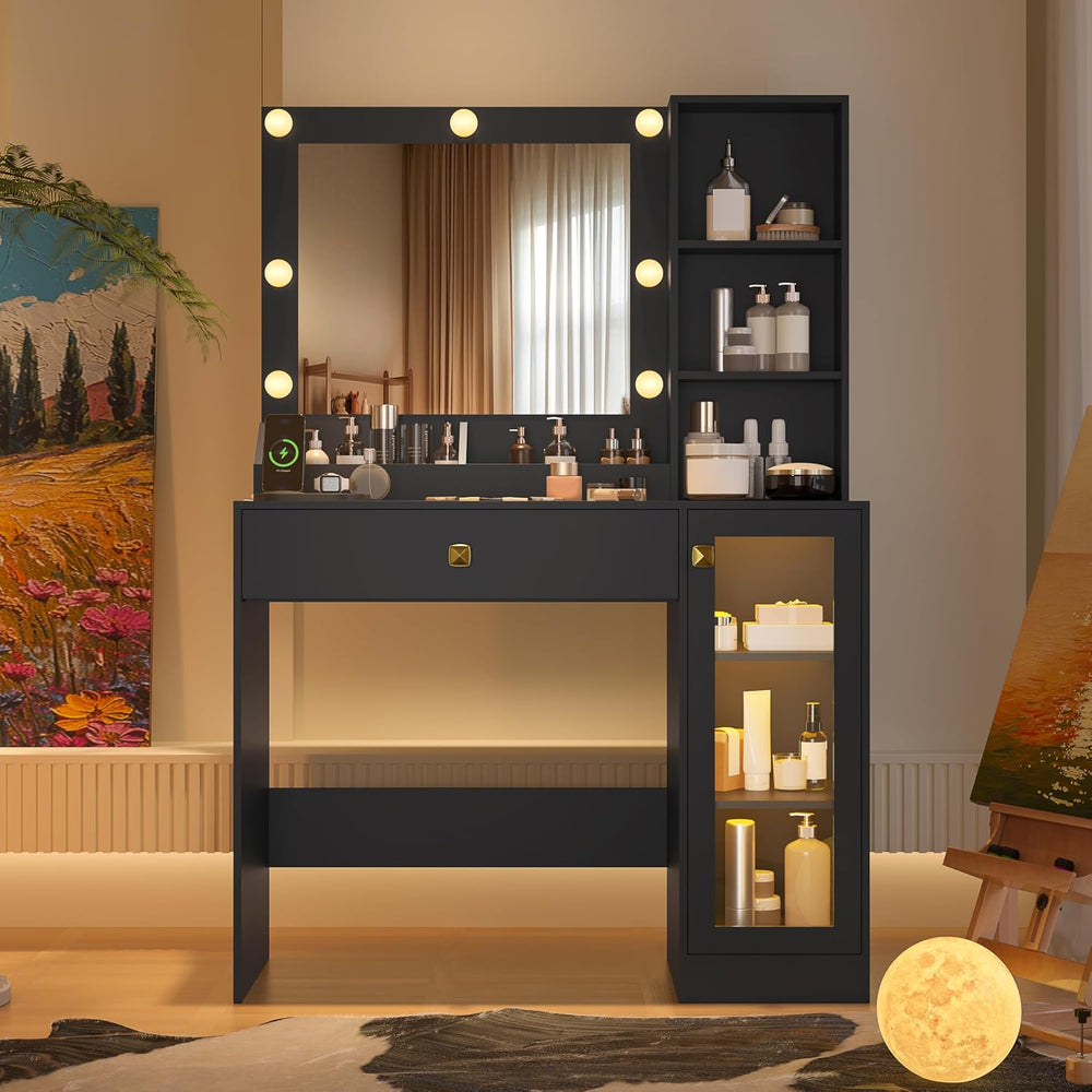 Black Vanity Desk with Mirror and Lights, 34" LED Small Vanity Table wit...