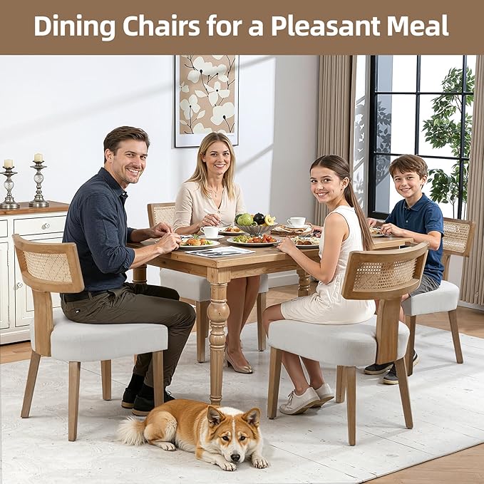 Mid-Century Modern Rattan Dining Chairs Set of 4 – Farmhouse Linen Upholstered Accent Chairs with Curved Backrest, Solid Hardwood Frame, and Comfortable Seat for Kitchen & Dining Room – Beige