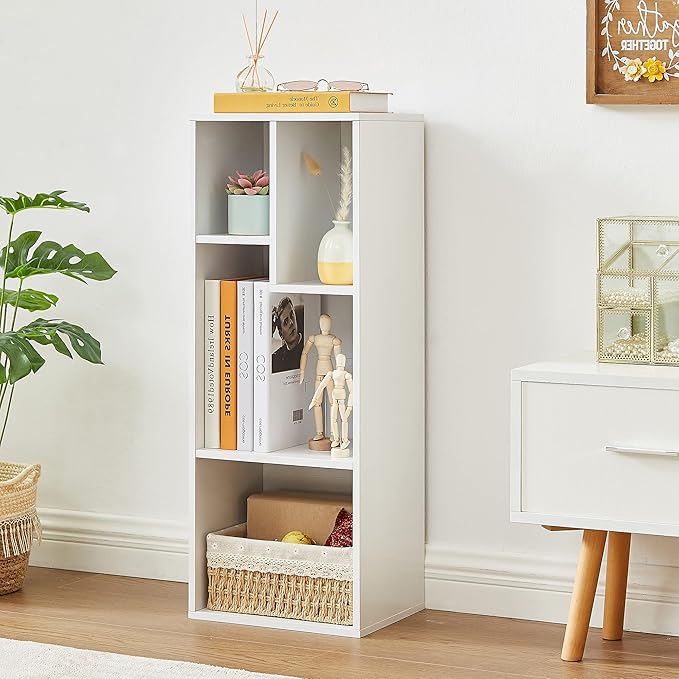 VECELO Small White Bookshelf, 4 Cube Slim Bookcase, Fits Tallest Hardcovers, Horizontal Available, Modern Floor Standing Unit, Each Shelf Hold Up to 66 LBS, Pearl White