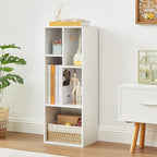 VECELO Small White Bookshelf, 4 Cube Slim Bookcase, Fits Tallest Hardcovers, Horizontal Available, Modern Floor Standing Unit, Each Shelf Hold Up to 66 LBS, Pearl White
