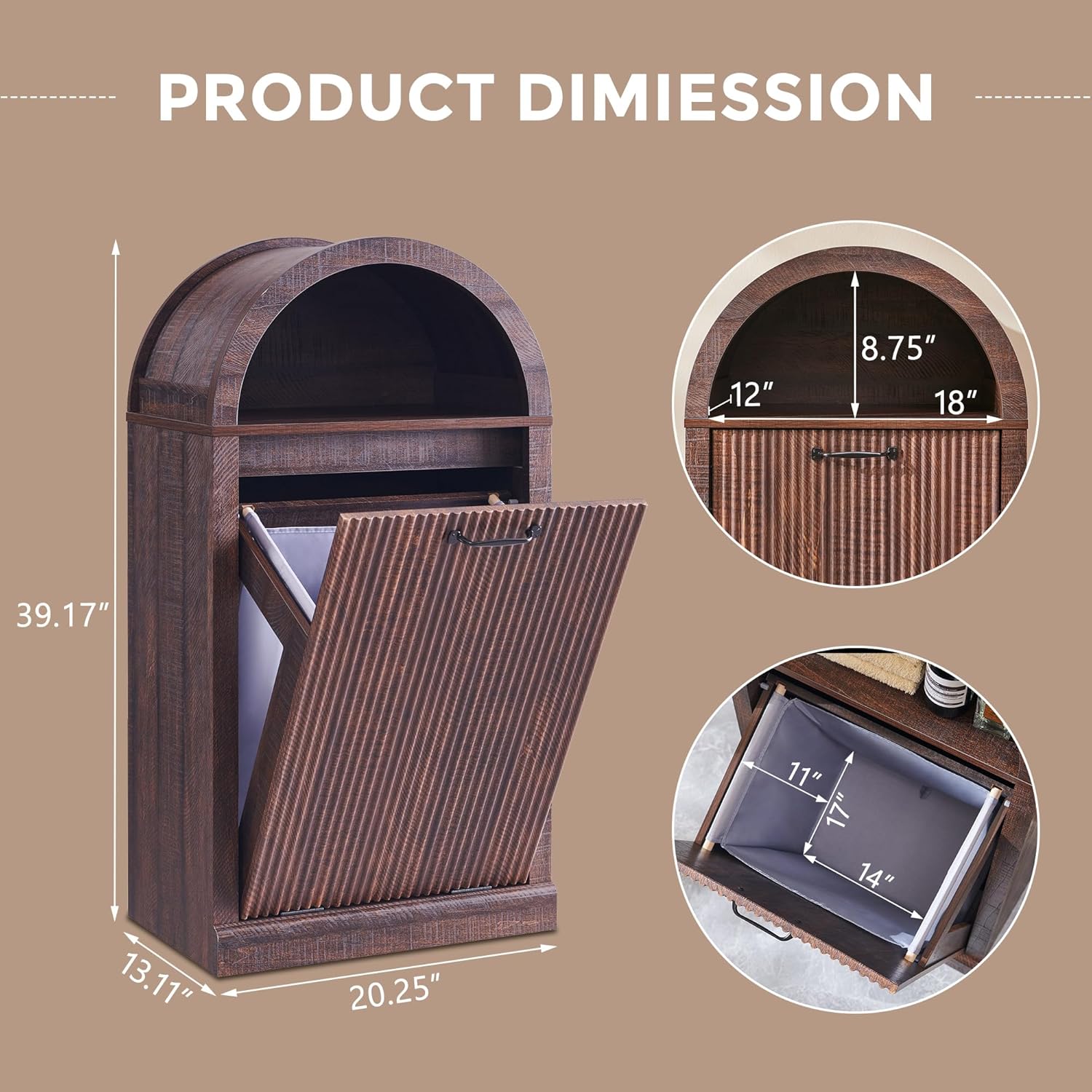 Arch Tilt-Out Trash Can Cabinet, Fluted Kitchen Trash Can 10 Gallon with Open Shelf, Modern Laundry Hamper Cabinet, Hidden Garbage Can with Storage Basket for Living Room, Kitchen Brown