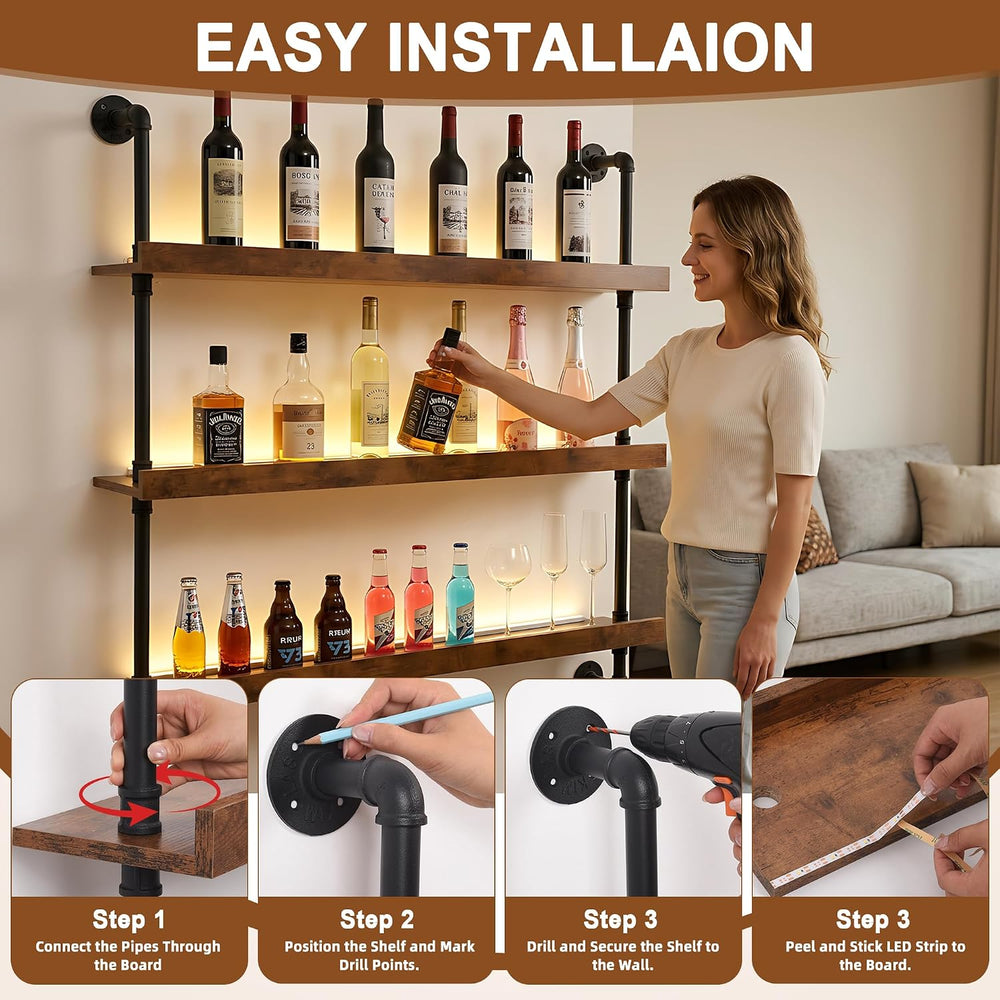 39.4" Metal Wine Rack Wall Mounted with LED Strips and Glass Holder | 3-...