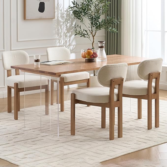 Wooden Dining Chairs Set of 4, Mid Century Modern Chenile Upholstered Dining Room Chair Kitchen Chairs with Solid Wood Legs, Farmhouse Dinner Chair for Kitchen Restaurant Living Room, Beige
