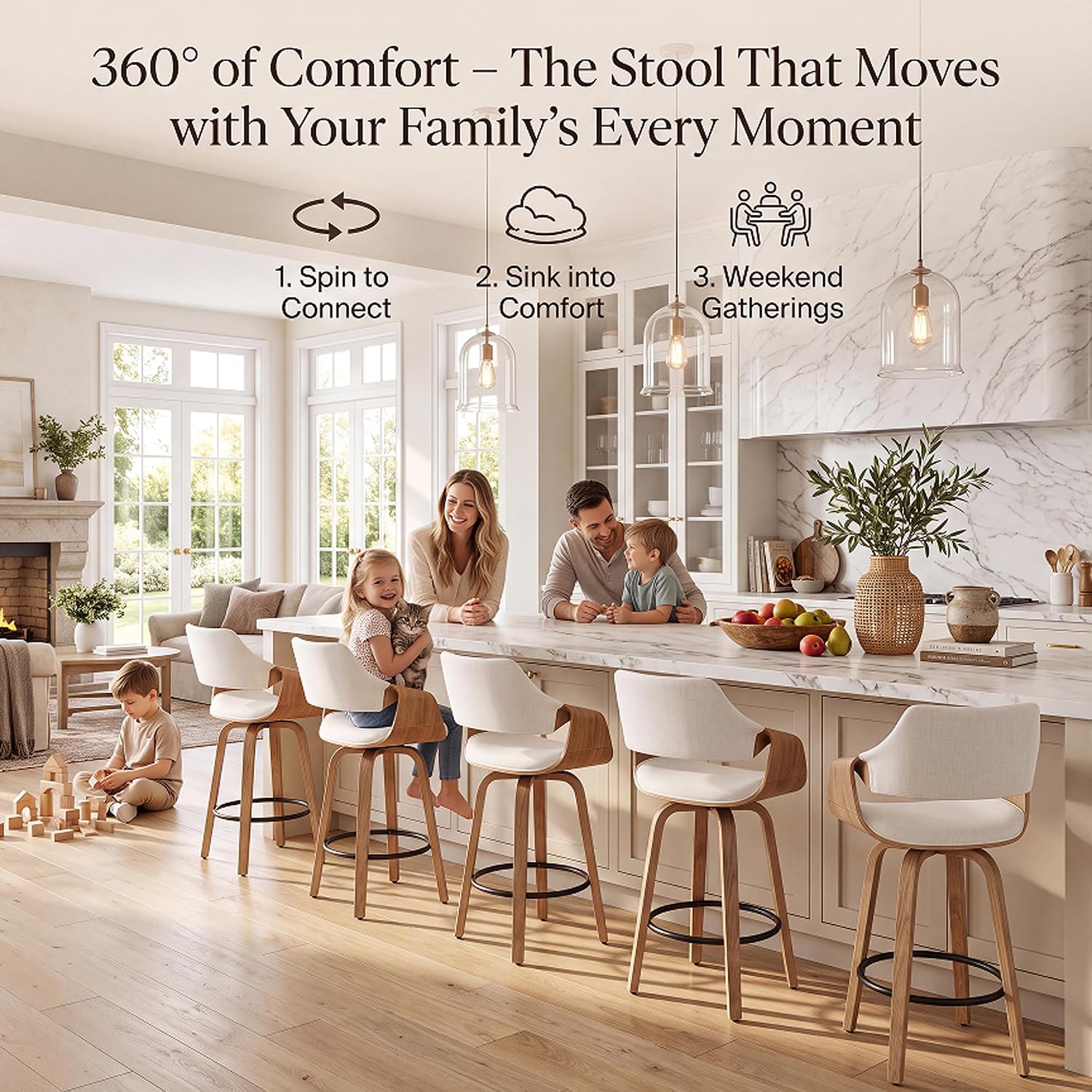 26'' Modern Barrel Swivel Counter Stools Counter Height Swivel Bar Stools with Backs Set of 4, Beige Linen Upholstered Bar Height stools, Farmhouse Solid Wood Barstools for Kitchen Island, Home Bar
