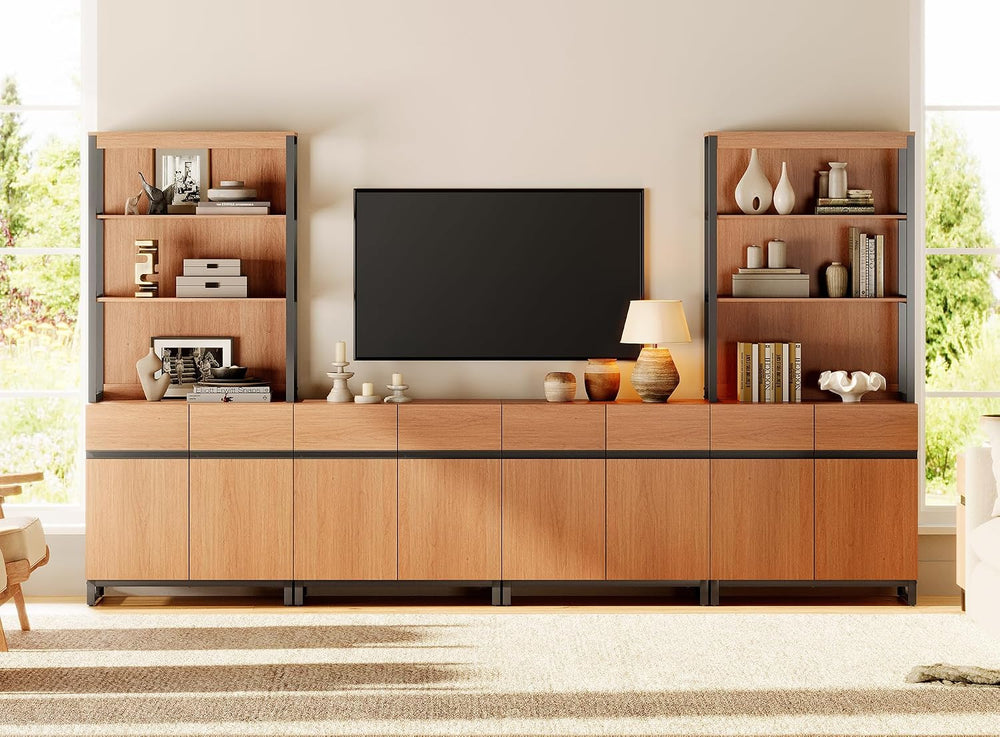 WAMPAT Modern Wall Unit TV Stand with 3 Tiers Bookshelf, Farmhouse Entertainm...