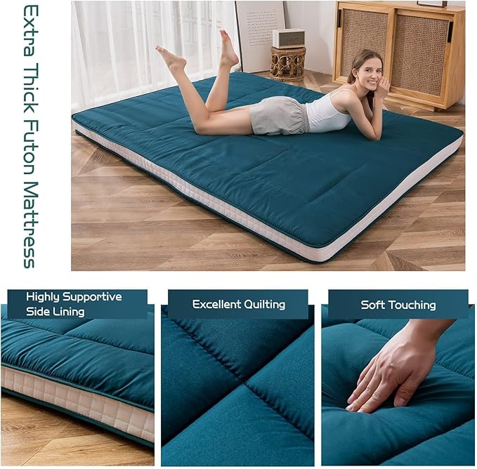 MAXYOYO Cot Mattress Floor Futon, Narrow Twin Single Bed Mattress for Adults, Foldable Roll Up Floor Bed for Kids, Bluestone Camping Cot