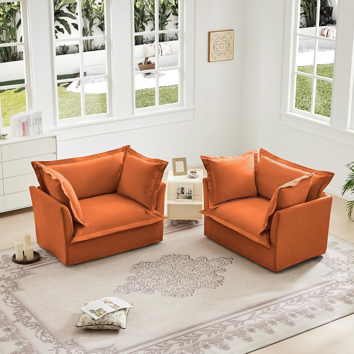 Aoowow Oversized Modular Sectional Sofa Chair Set of 2, 49” Chenille Fabric Single Armchair Comfy Deep Seat Couch Sofa with Big Toss Pillows for Living Room Apartment Office(Orange-Chenille)