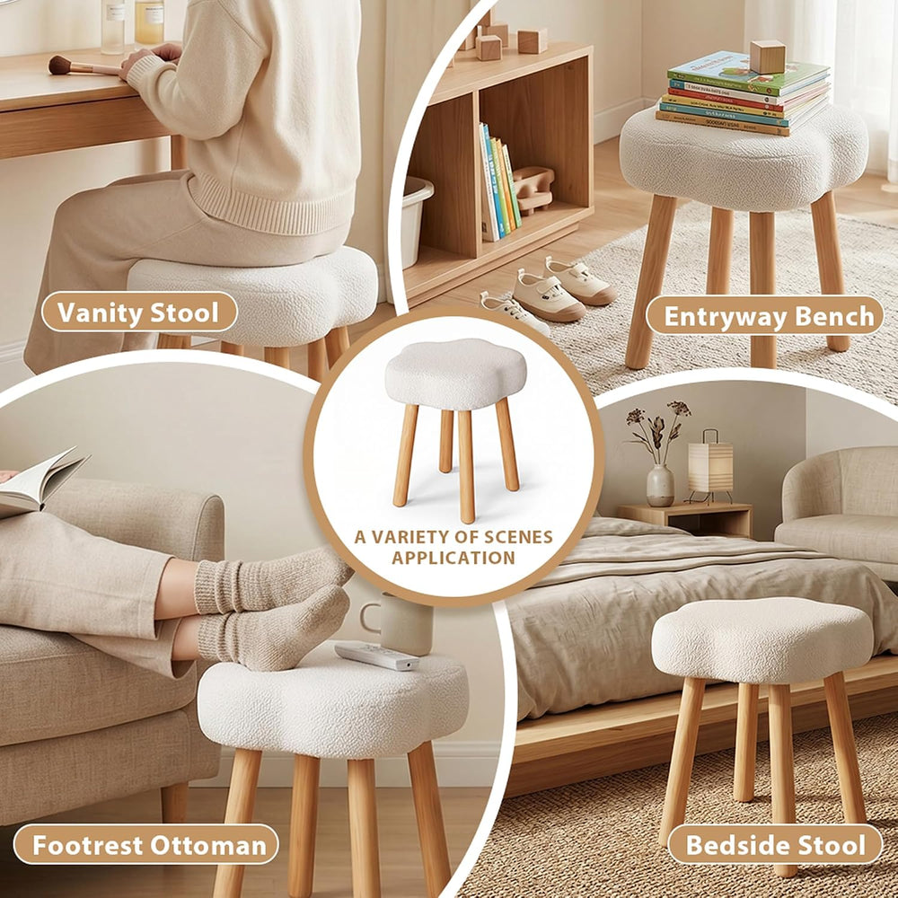 Cmishe Cloud Vanity Stool with Solid Beech Wood Legs, Boucle Makeup Chair for...