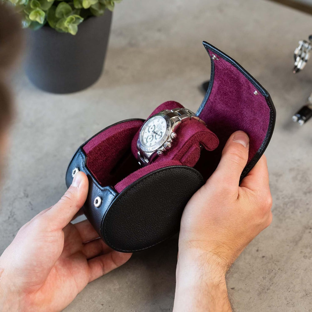 DailyWatch | Personalized Watch Roll Travel Case For 1 Watches - Handmade Genuine Leather Travel Case With Custom Engraving of Name or Initials - Black Cherry