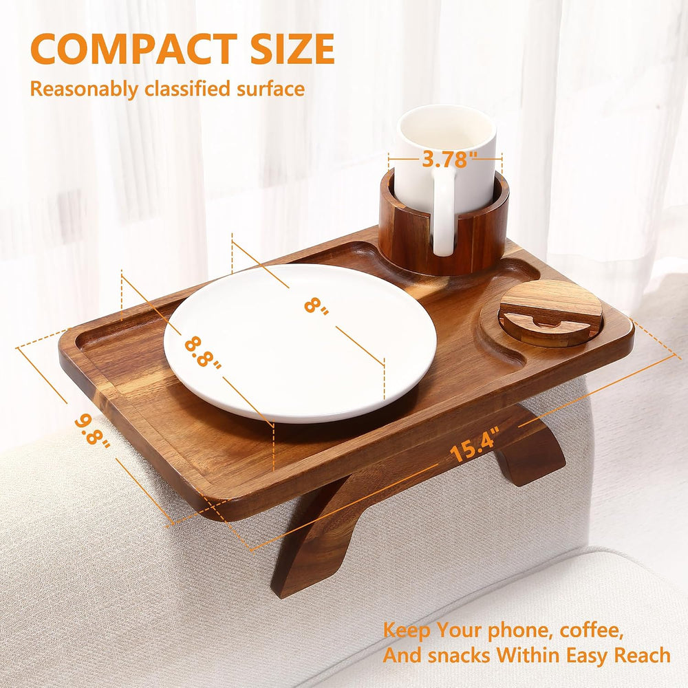 Couch Armrest Table Acacia with 360°Rotating Phone & Cup Holders,15.4&quo...