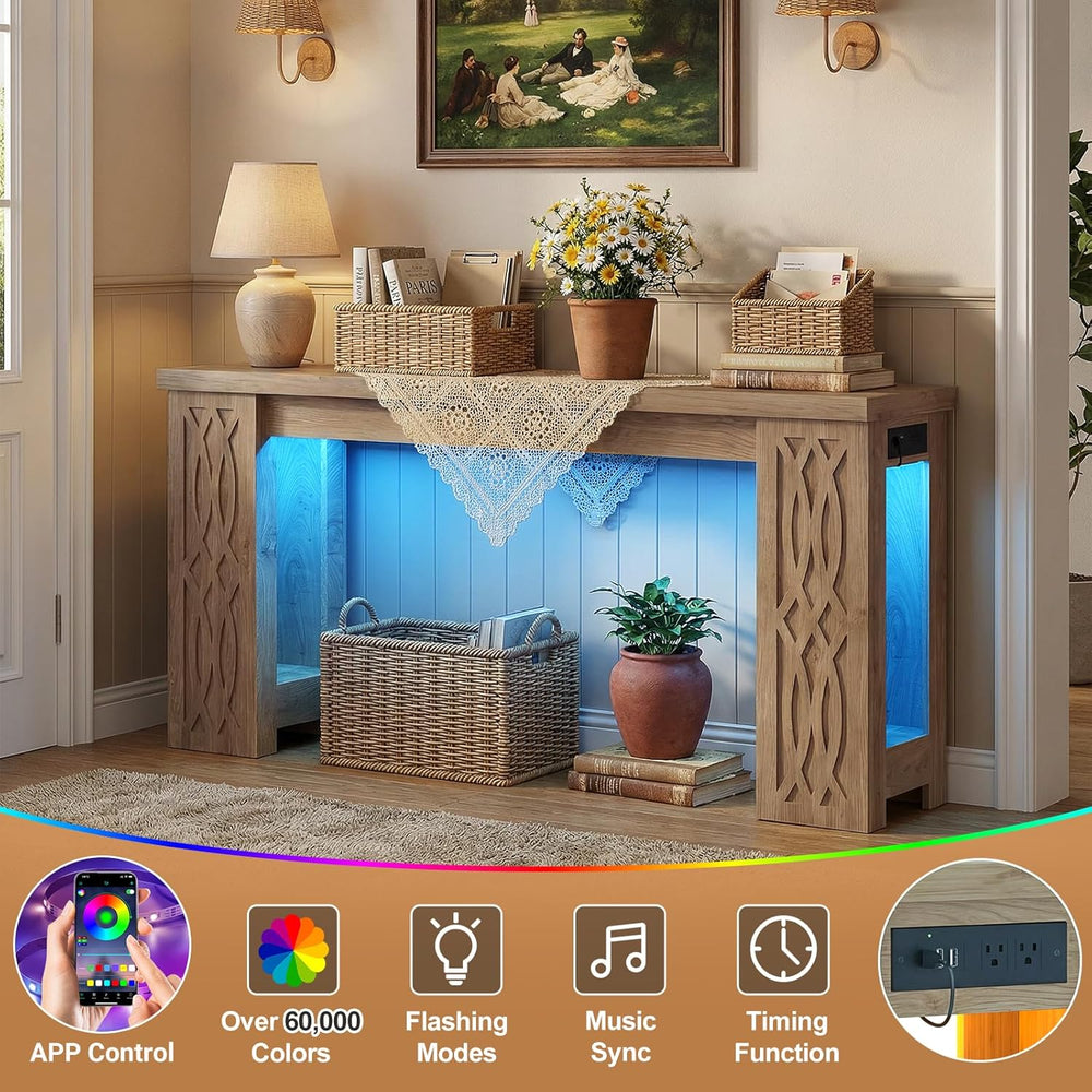 Cyclysio 63" Console Table with Outlet & Colorful LED Lights, Natura...