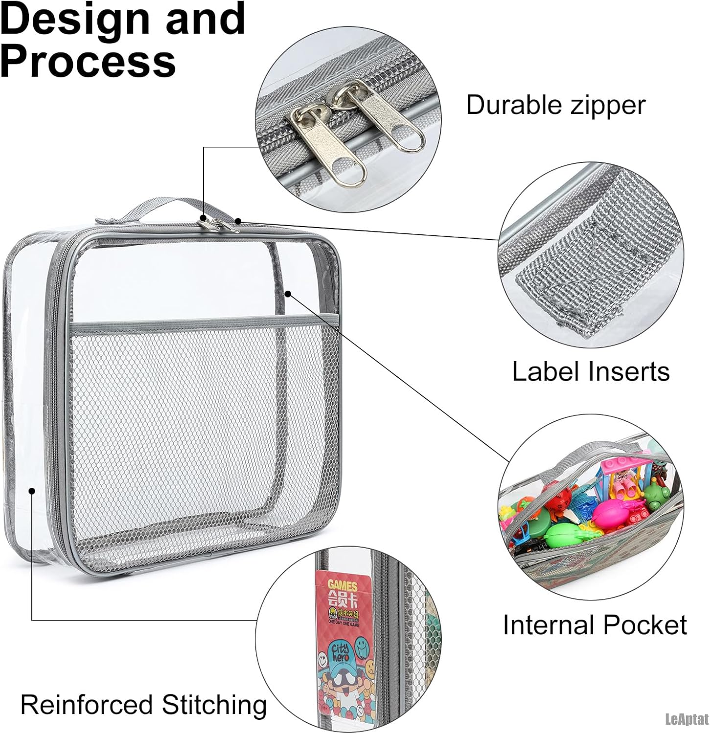 4 Pack Clear PVC Waterproof Toy Storage Bags with Name Tag Pockets - Zippered Organizer for 2x4 Building Blocks, Puzzles, Travel Toiletries, Kids Room Organization (Gray, Small)