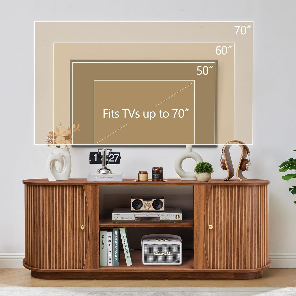 Turtle & Myrtle 63" Mid Century Modern TV Stand for Tvs up to 70", Fluted TV Media Console Table with Storage and Adjustable Shelves, Curved Edge Entertainment Center for Living Room (Brown)